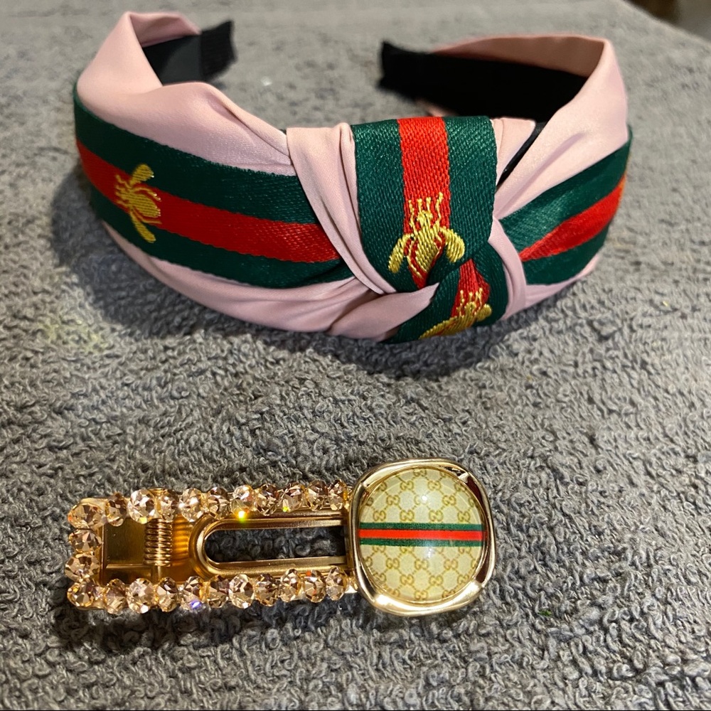 Pink w/red & green Bee head band & hair clip